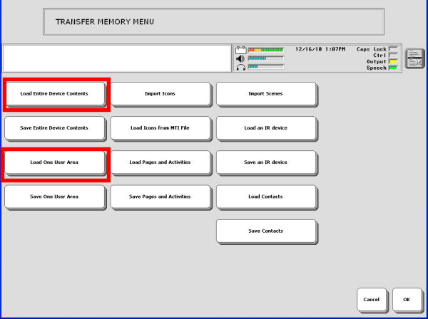 transfer memory menu, loading vocabulary.
